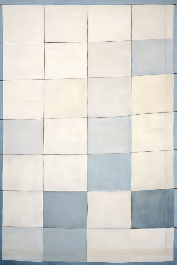 A hand-painted grid of alternating pale blue and off-white rectangles covering the entire picture plane.