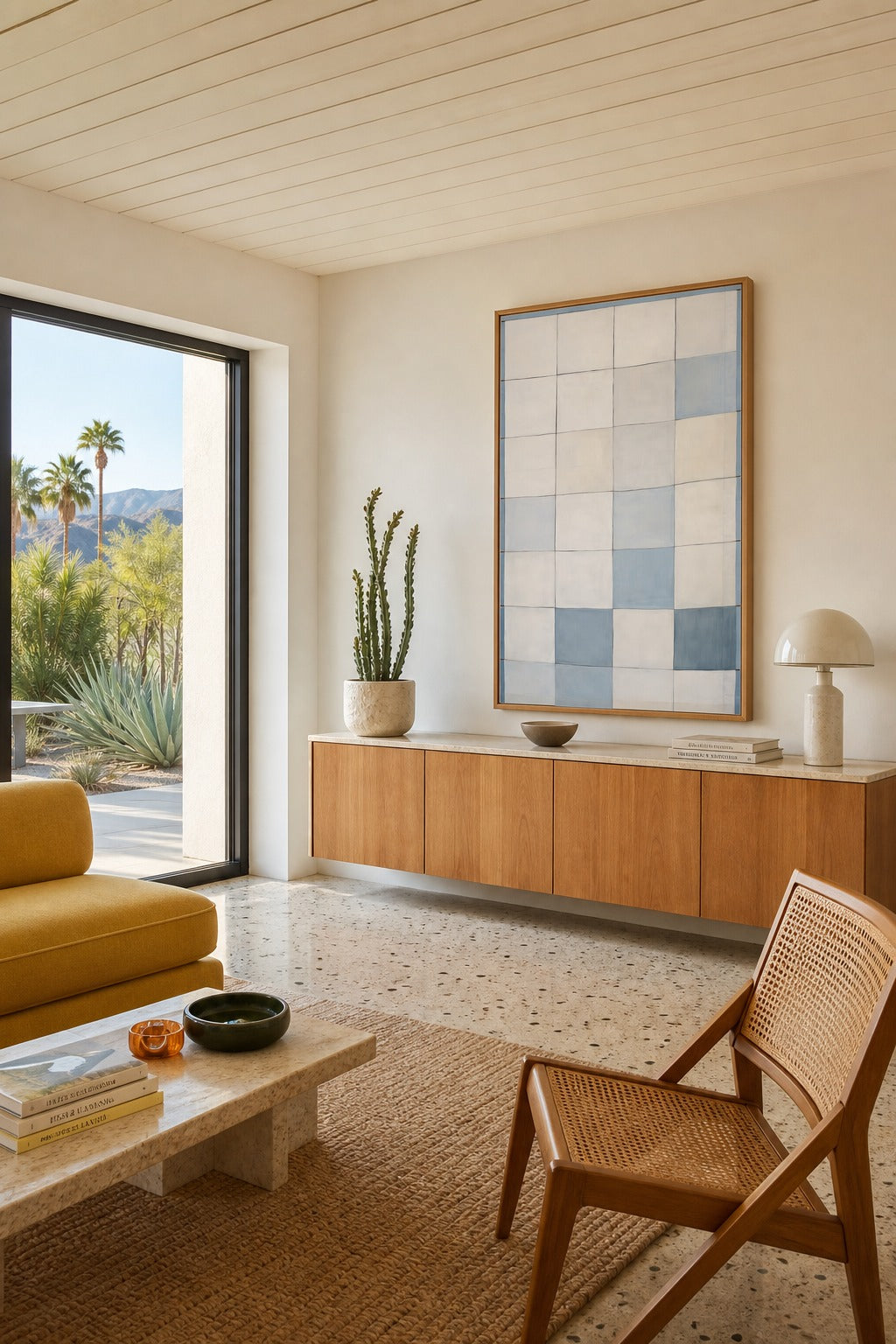 Patchwork art print displayed in a modern interior