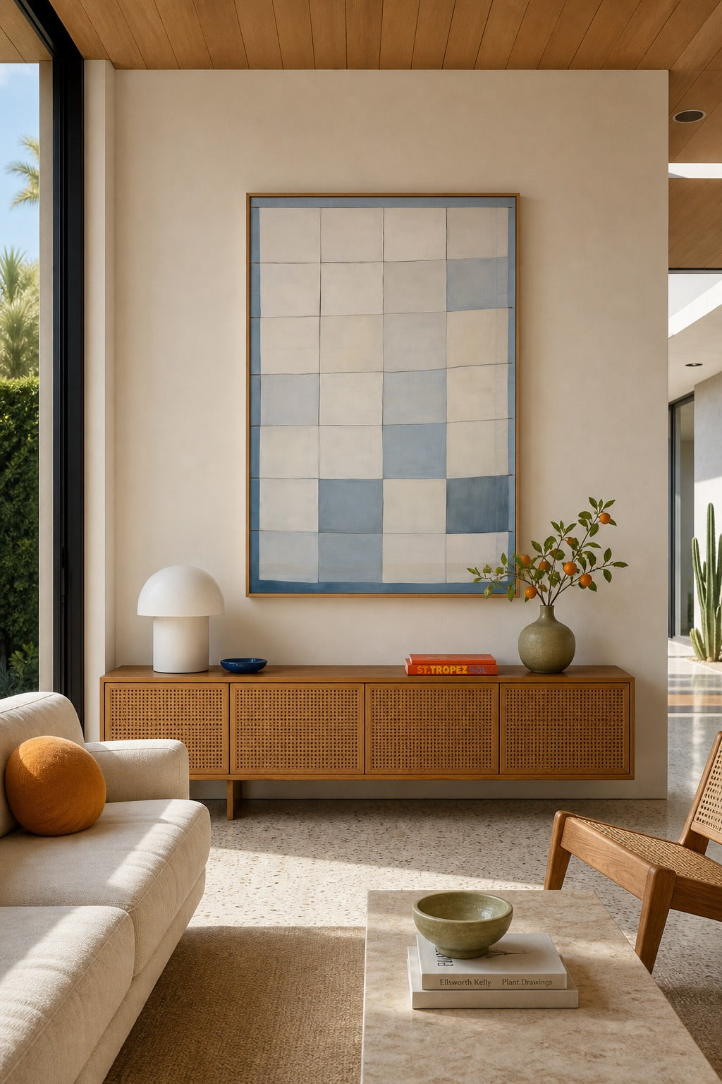 Patchwork art print shown to scale on a wall