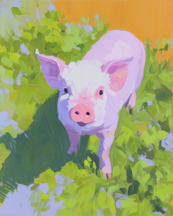 A pink piglet standing amid loose green foliage with an orange background, painted in a gestural oil style.