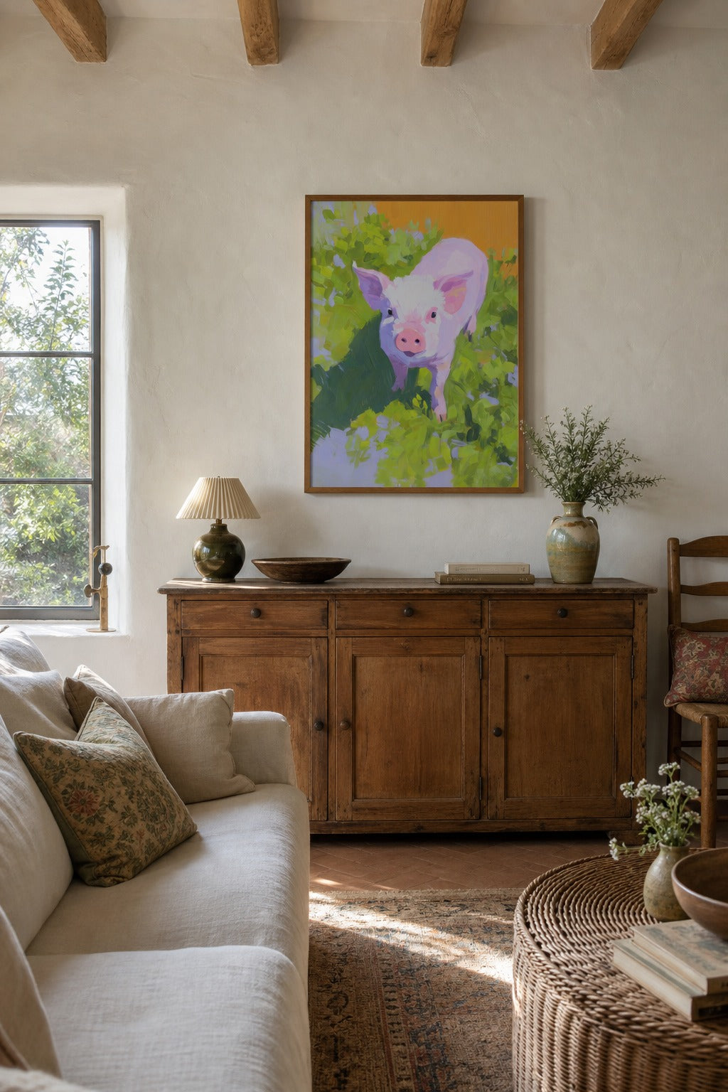 Piglet art print shown to scale on a wall