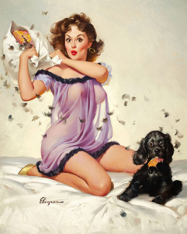 A pin-up style oil painting of a brunette woman in a lavender negligee on a bed during a pillow fight, with a black cocker sp