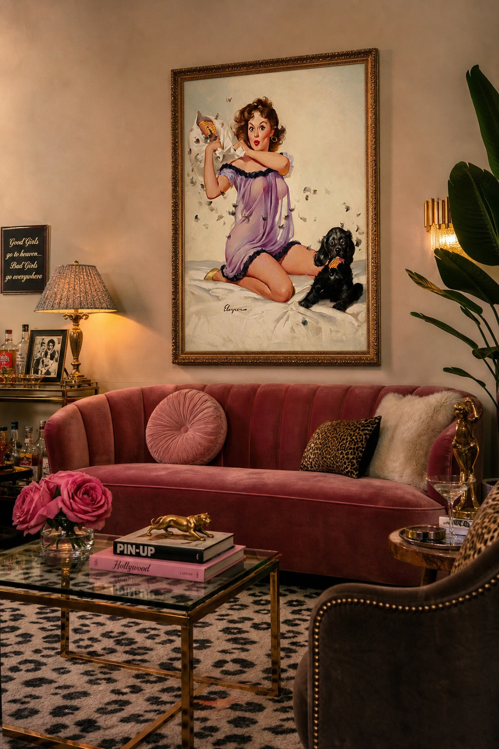 Pillow Fight art print shown to scale on a wall