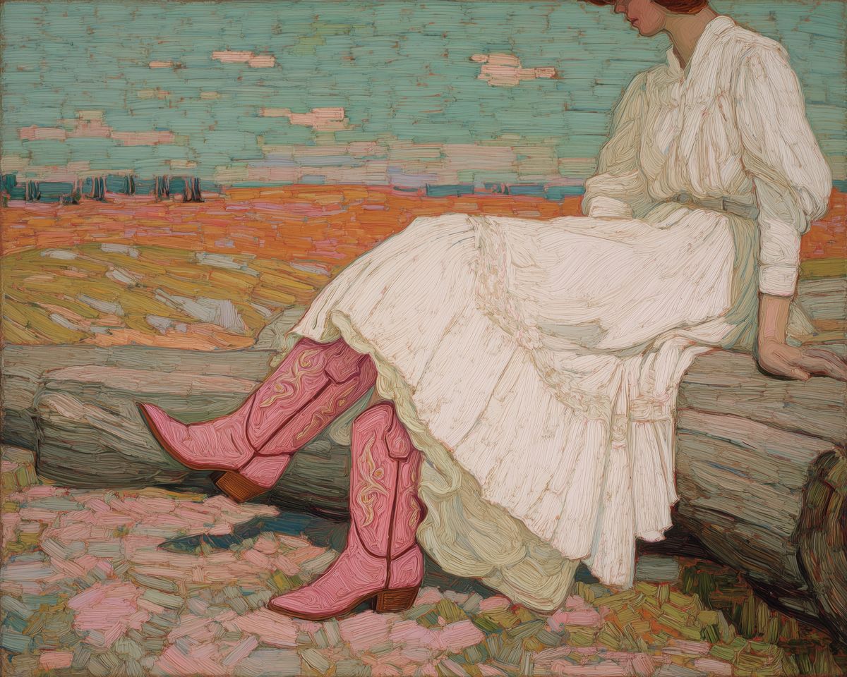 A red-haired woman in a white dress and pink cowboy boots sits on a log in an open prairie landscape.