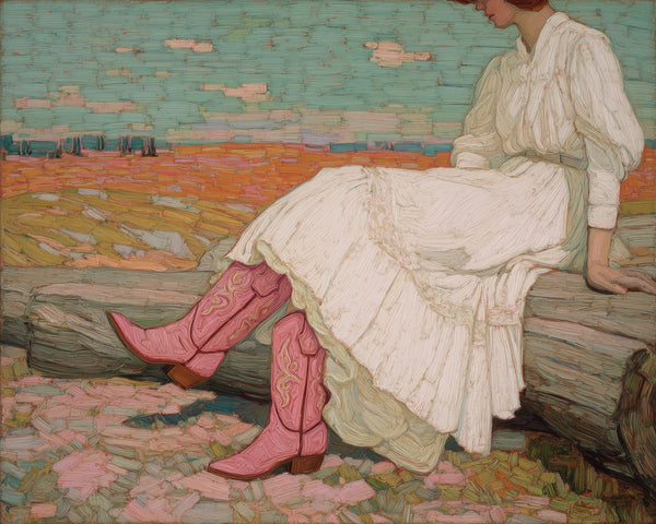 A red-haired woman in a white dress and pink cowboy boots sits on a log in an open prairie landscape.