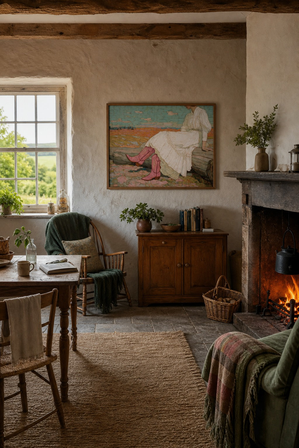 Pink Boots art print displayed in a modern interior