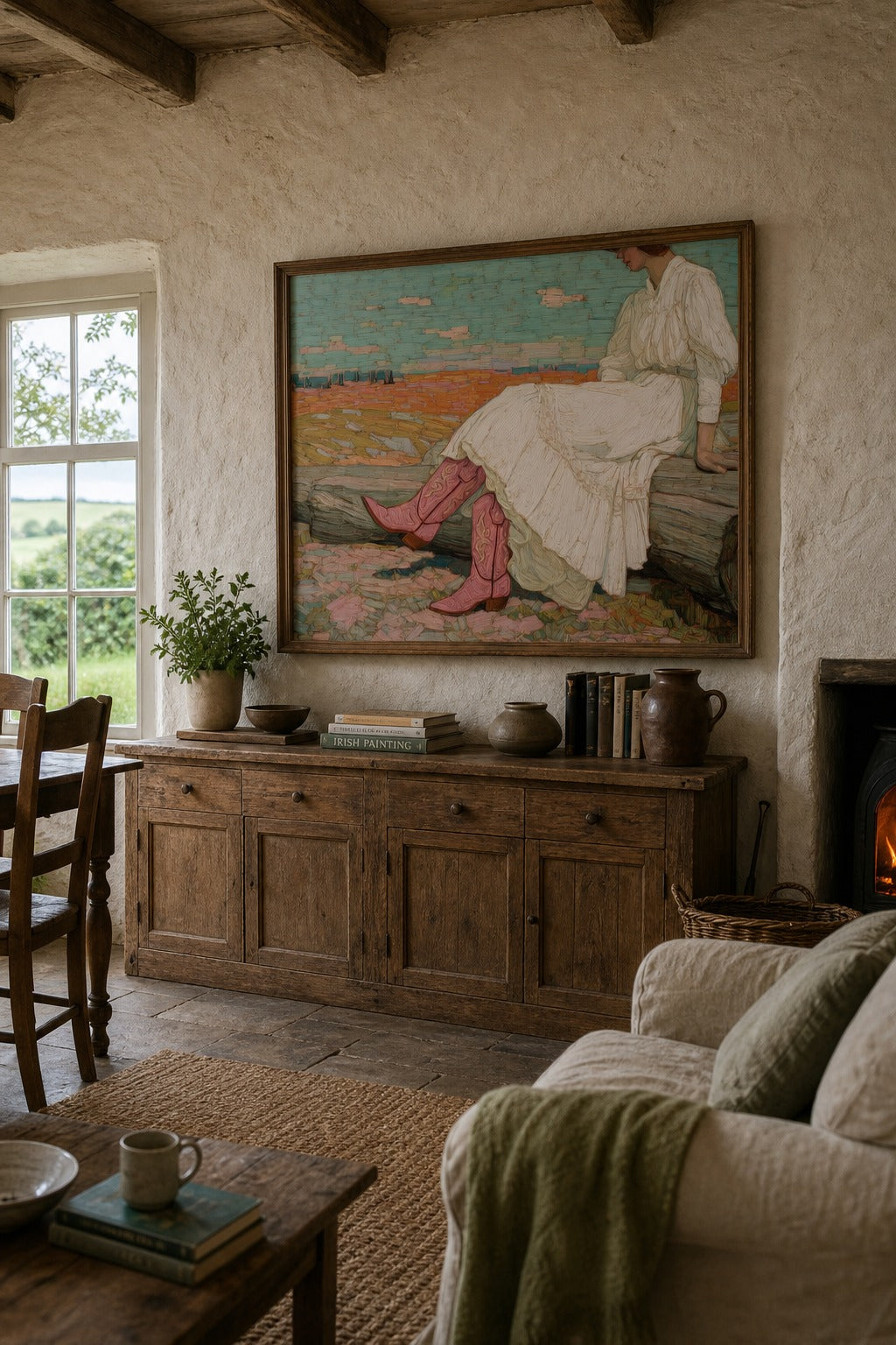 Pink Boots art print shown to scale on a wall