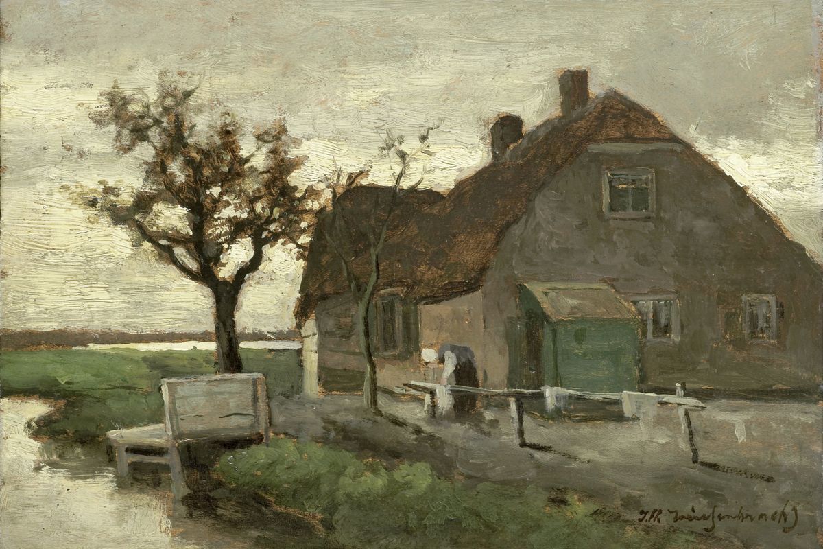 An oil painting of a Dutch farmhouse with bare trees, a canal-side bench, and two figures near a wooden gate under a grey sky