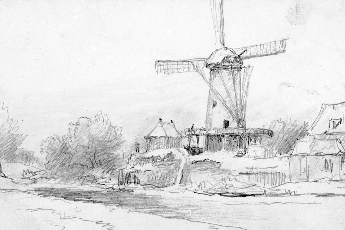 A pencil sketch of a Dutch windmill beside a river, with trees and farmhouses in the middle ground.