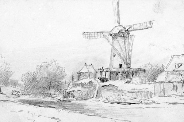 A pencil sketch of a Dutch windmill beside a river, with trees and farmhouses in the middle ground.