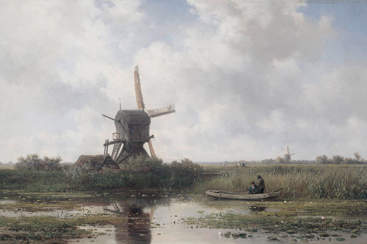 A Dutch polder landscape with a wooden windmill beside a canal, two figures fishing from a small boat among lily pads, and op