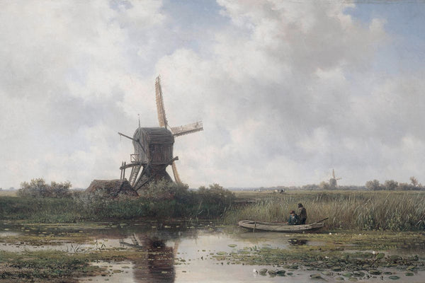 A Dutch polder landscape with a wooden windmill beside a canal, two figures fishing from a small boat among lily pads, and op