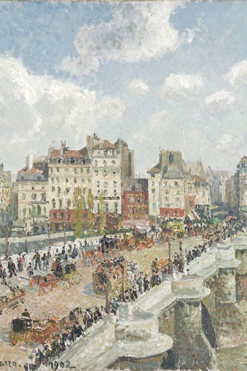 A high-angle impressionist oil painting of a crowded Parisian bridge and boulevard with horse-drawn carriages, pedestrians, a