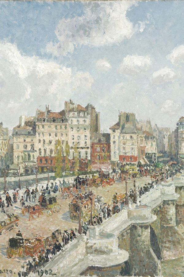 A high-angle impressionist oil painting of a crowded Parisian bridge and boulevard with horse-drawn carriages, pedestrians, a