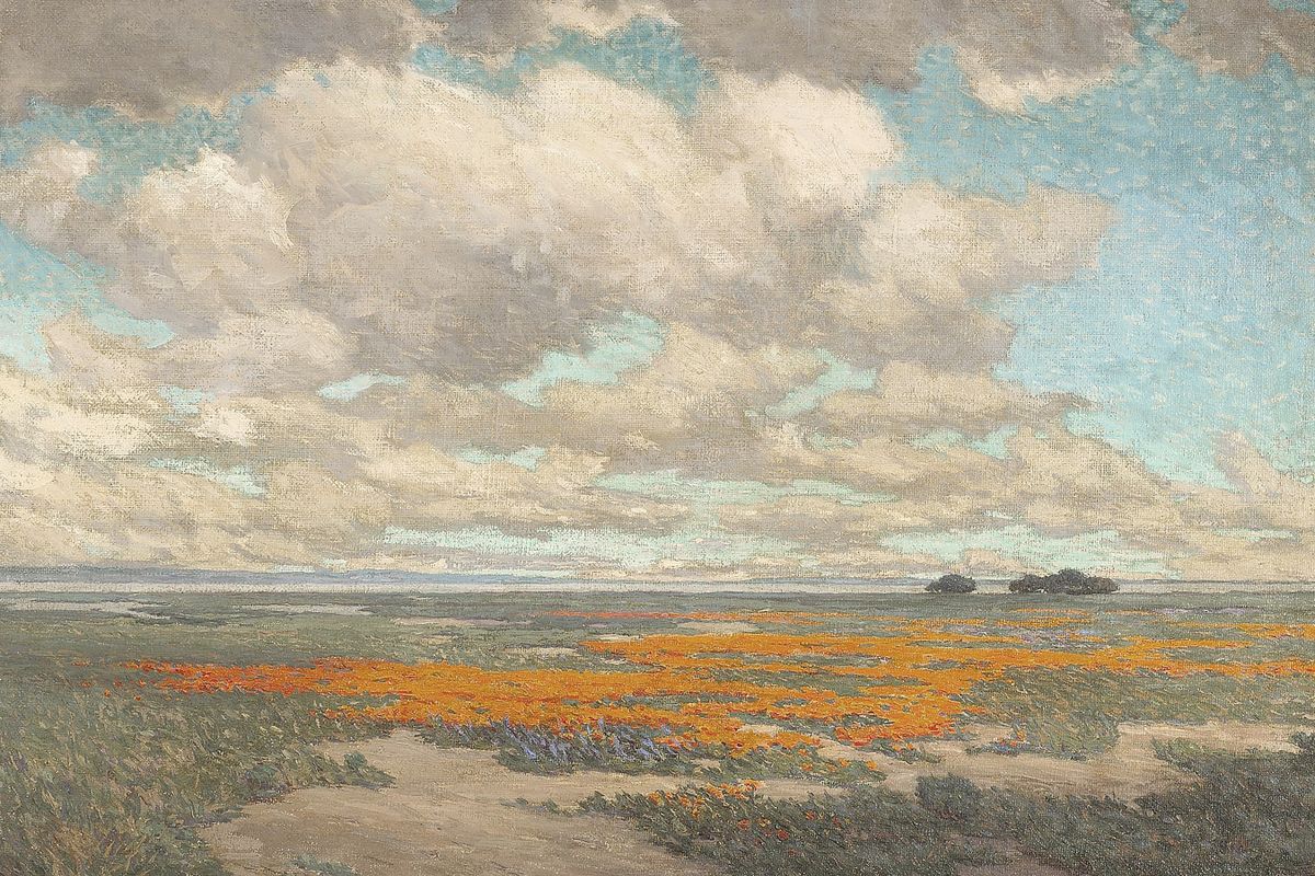 Oil painting of a California poppy field under a large cloudy sky, with a dirt path in the foreground and distant trees on th