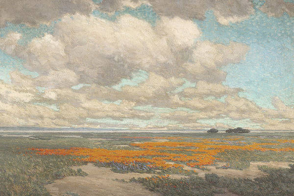 Oil painting of a California poppy field under a large cloudy sky, with a dirt path in the foreground and distant trees on th