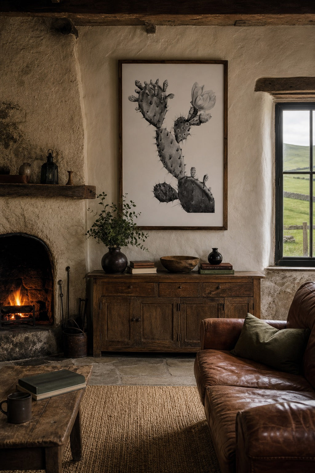 Prickly Bloom art print shown to scale on a wall
