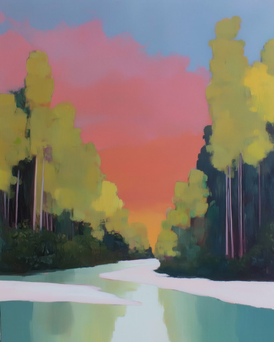 A winding teal river passes through a dense forest of tall trees under a vivid coral and orange sunset sky.