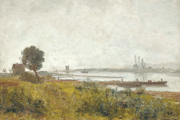 A misty oil painting of a wide river with a moored barge, figures on the bank, a lone tree and cottage at left, and industria