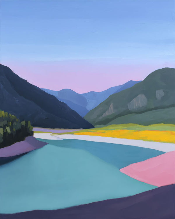 A wide teal river winds through a mountain valley toward a pink-and-blue twilight sky, with yellow wildflower fields and a pi