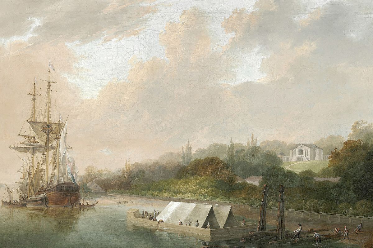 A calm river scene with moored tall ships at left, a canvas-tented barge in the middle, and a neoclassical manor on a wooded