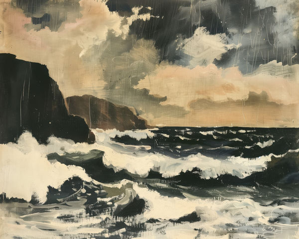 Painted seascape showing dark ocean waves crashing near a rocky cliff face under a heavy storm sky.