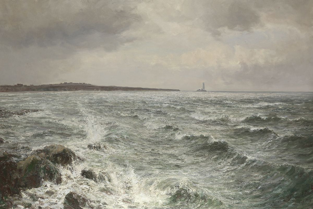 Oil painting of a rough sea with breaking waves on rocks, a low coastal headland with buildings in the middle distance, and a