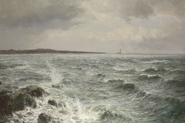 Oil painting of a rough sea with breaking waves on rocks, a low coastal headland with buildings in the middle distance, and a