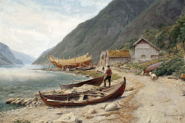 A 19th-century Norwegian fjord scene with beached wooden boats, a ship under construction on scaffolding, sod-roofed building