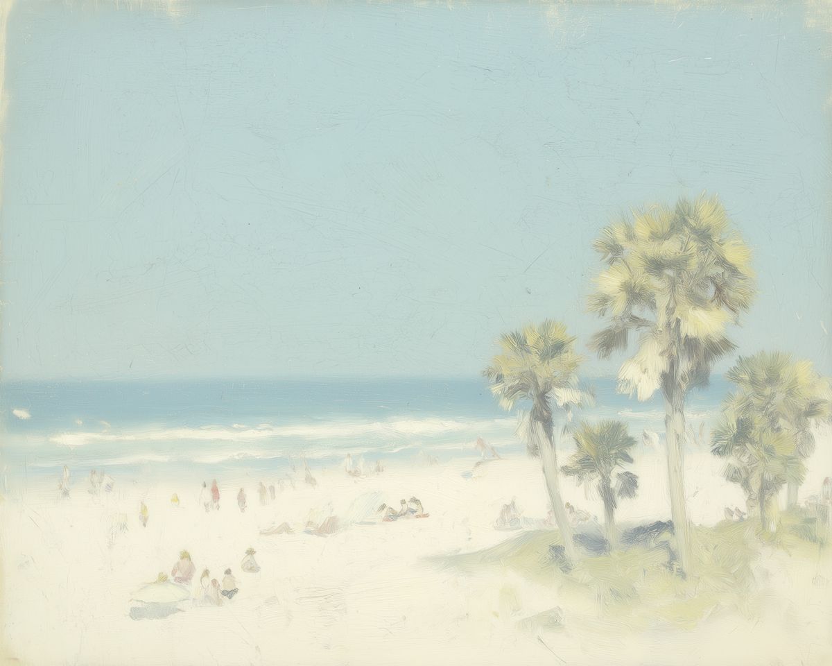 A sunny beach with scattered bathers and palm trees at right, a calm ocean visible in the middle distance under a pale blue s
