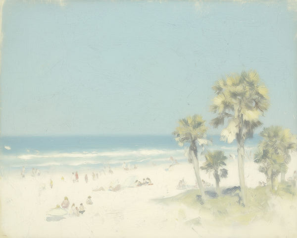 A sunny beach with scattered bathers and palm trees at right, a calm ocean visible in the middle distance under a pale blue s