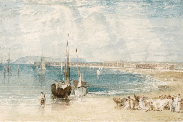 Two beached sailing boats on a sandy shore with figures working nearby, a curved harbor town in the middle distance, and a br