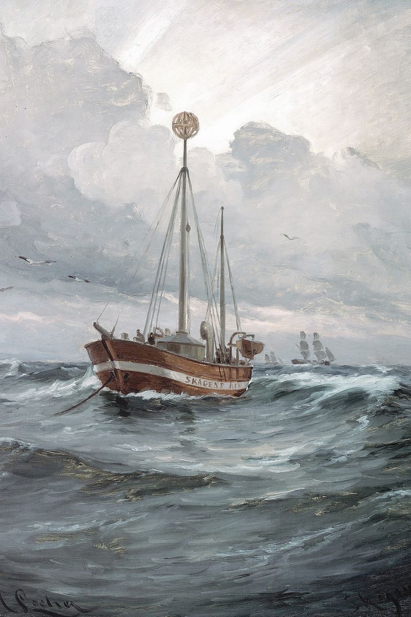 A red-hulled wooden fishing boat named Skagens Min navigates rough open-sea waves under a cloudy sky with seagulls and distan