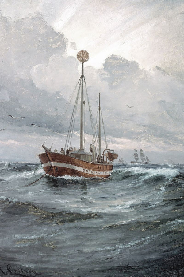 A red-hulled wooden fishing boat named Skagens Min navigates rough open-sea waves under a cloudy sky with seagulls and distan