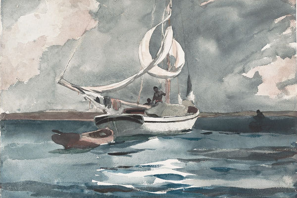 A watercolor painting of a sailing boat with white sails on choppy gray-blue water beneath a stormy sky, with two figures on