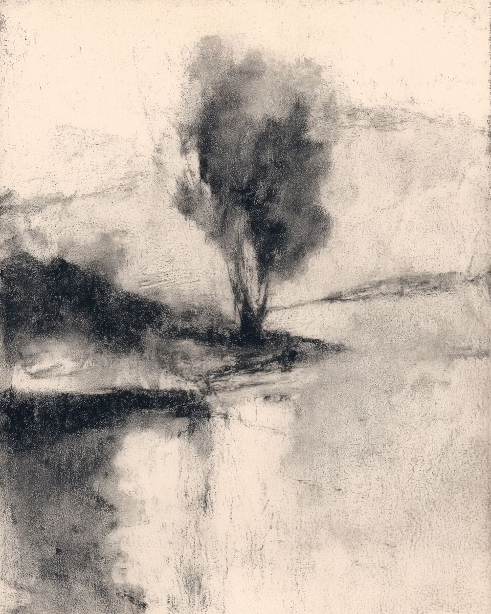 A lone tree growing from a low bank beside calm water, with hills sketched faintly in the background, rendered in charcoal on