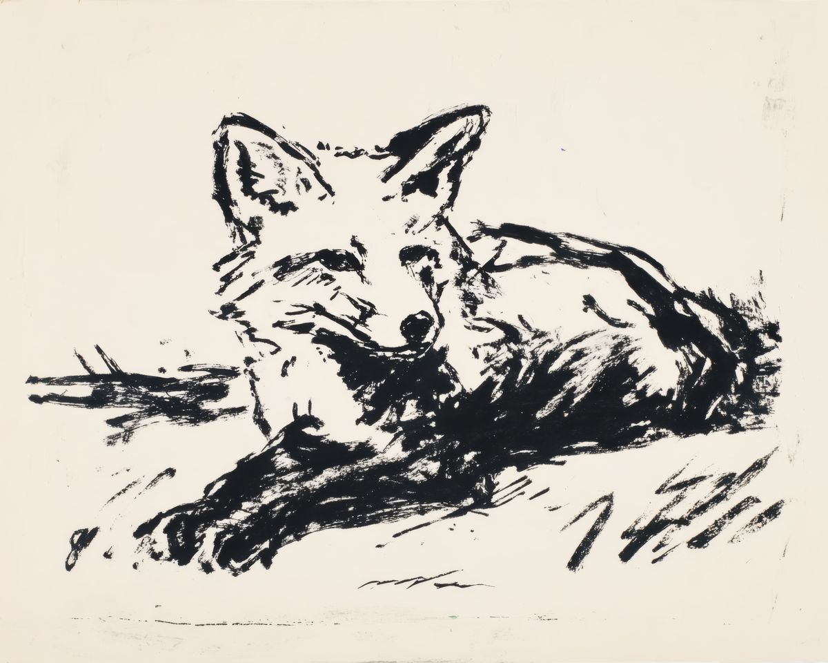 A fox resting with paws outstretched, rendered in black ink on a cream ground, looking at the viewer.