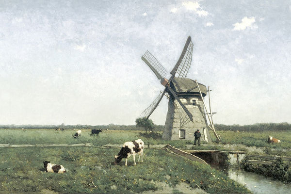A Dutch windmill in a flat green polder landscape with grazing cattle, a narrow canal, and a small human figure at its base.