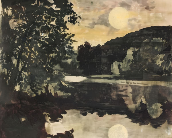 A dark nocturnal river scene with a large full moon above silhouetted trees and hills reflected in calm water.