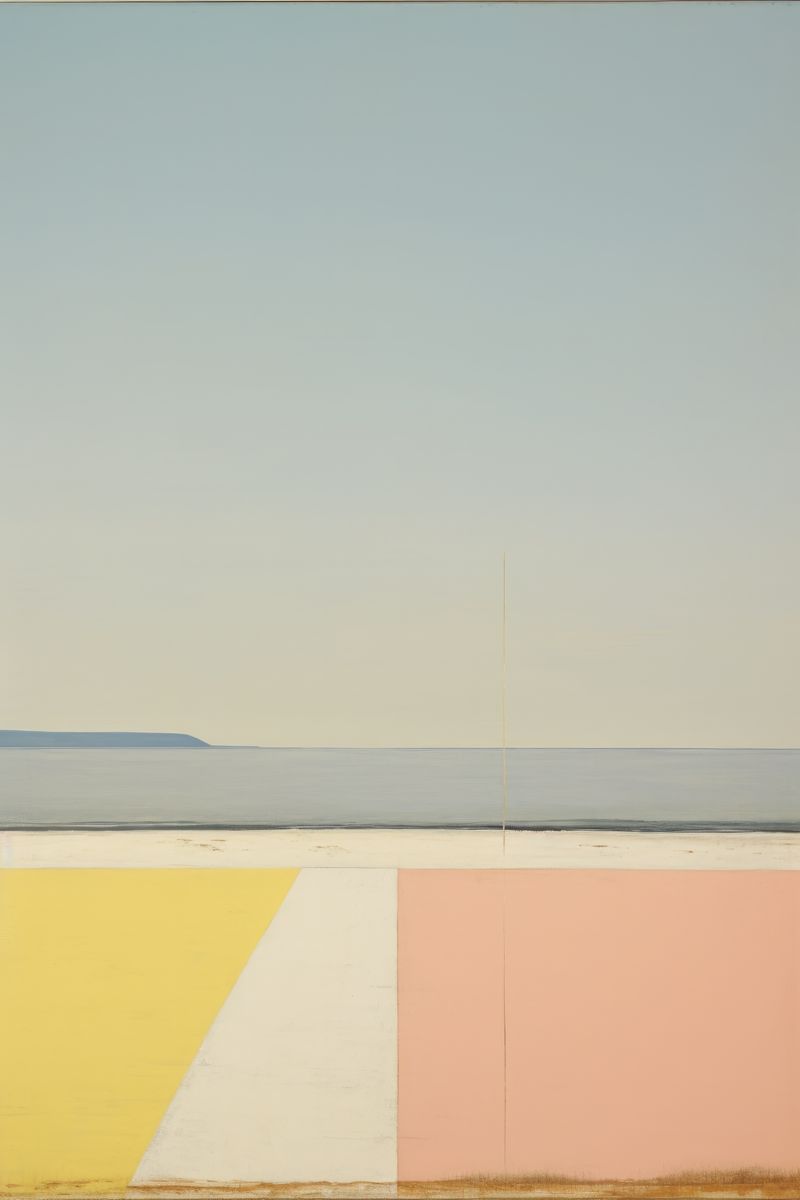 A calm beach and sea beneath an overcast sky, with flat geometric color blocks in yellow, white, and pink occupying the lower