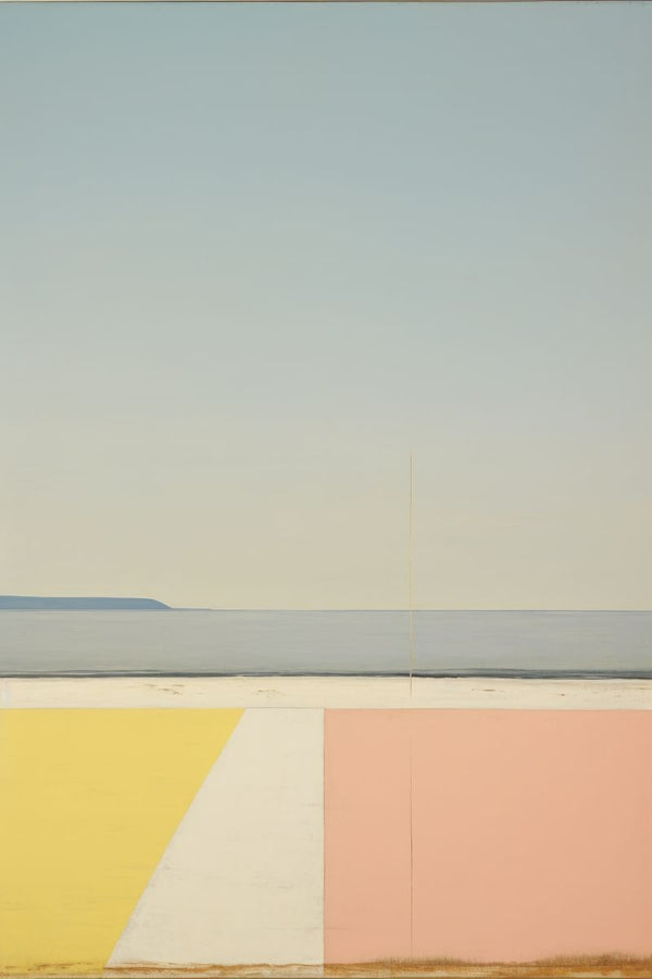 A calm beach and sea beneath an overcast sky, with flat geometric color blocks in yellow, white, and pink occupying the lower