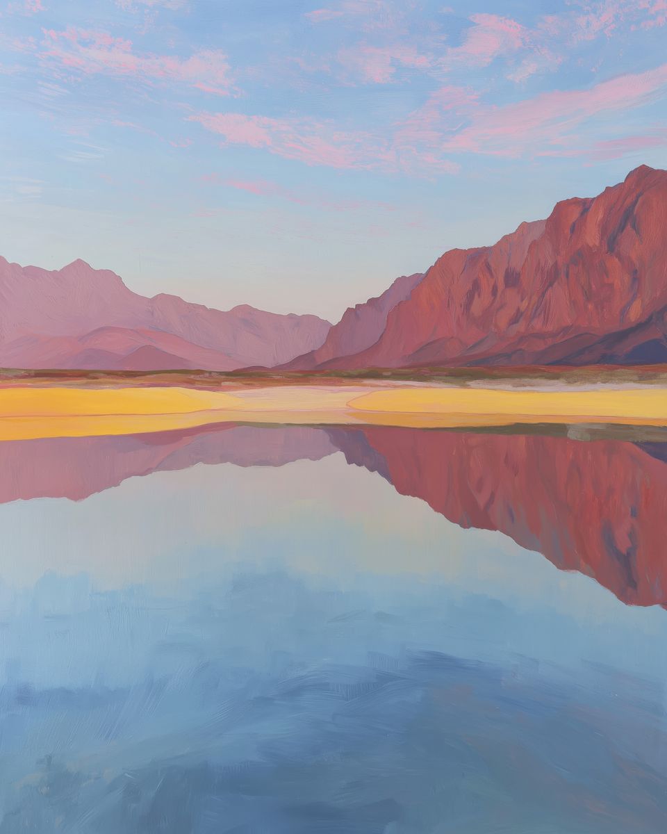 A glassy desert lake perfectly mirrors rust-red and purple mountains beneath a pale blue sky streaked with pink clouds at dus