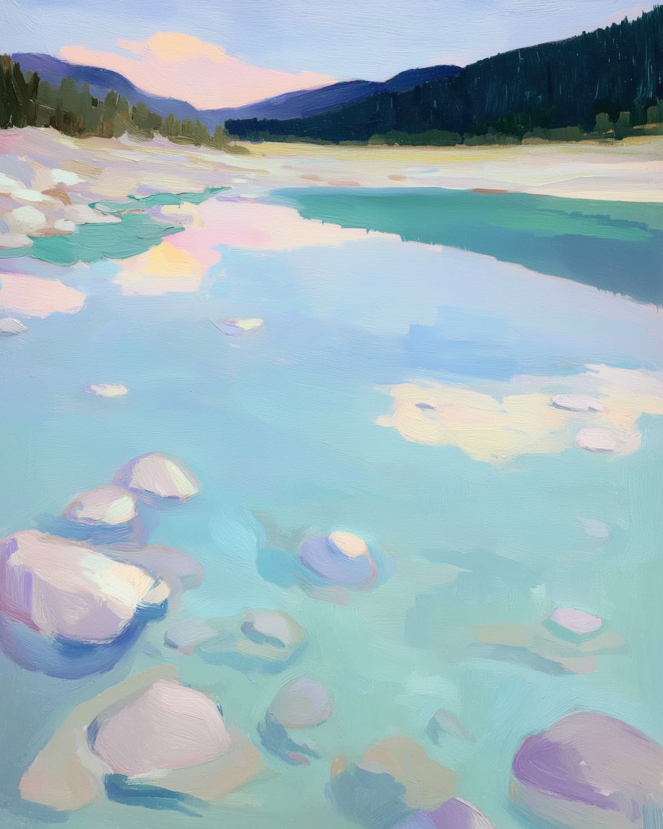 A shallow mountain river with pale boulders in the foreground, calm turquoise water reflecting a pastel sunset sky, and dark