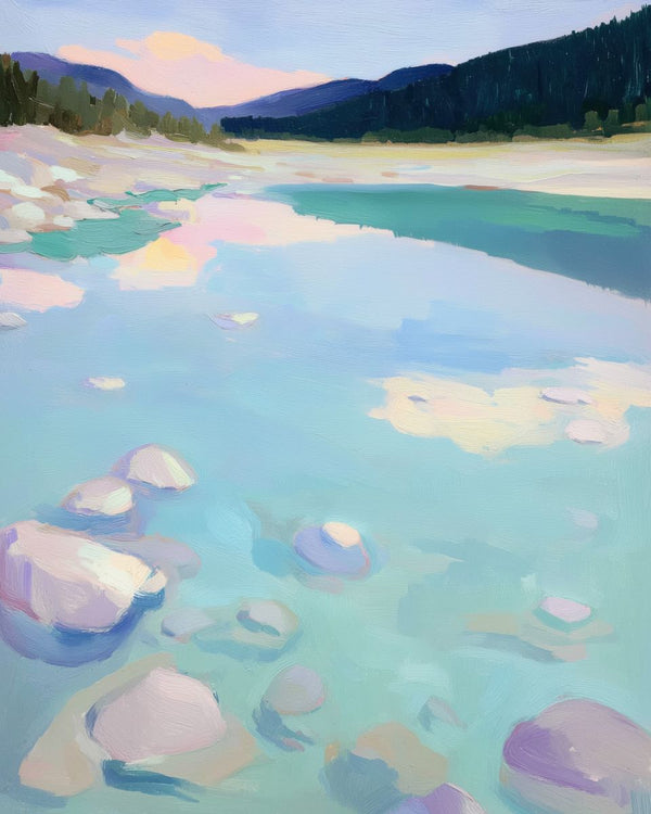 A shallow mountain river with pale boulders in the foreground, calm turquoise water reflecting a pastel sunset sky, and dark