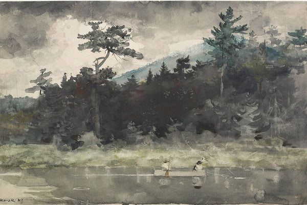 Two figures in a rowboat fishing on a calm lake before a dense dark forest and misty mountain, rendered in watercolor.