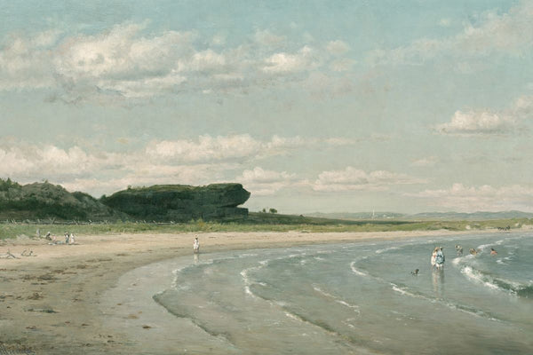 A Victorian-era beach scene with figures wading in gentle surf, a rocky headland to the left, and a wide cloudy sky above.