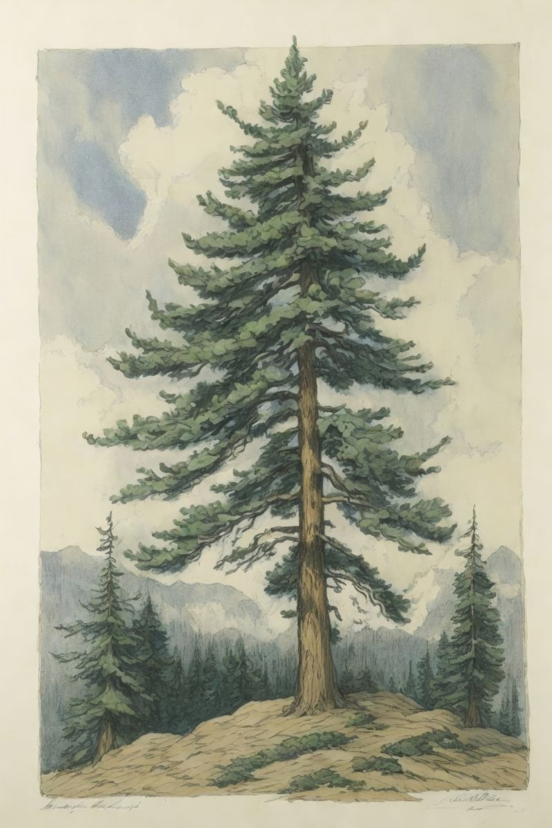 A tall conifer tree centered in a landscape with smaller trees, a forested hillside, and misty mountains in the background.