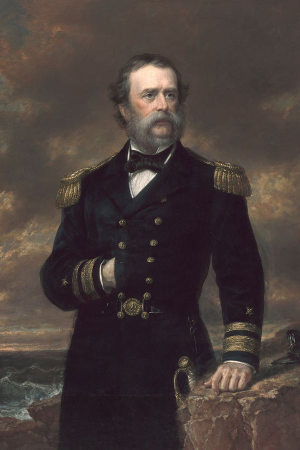 Oil portrait of a bearded naval officer in a dark uniform with gold epaulettes standing on coastal rocks before a stormy sea.