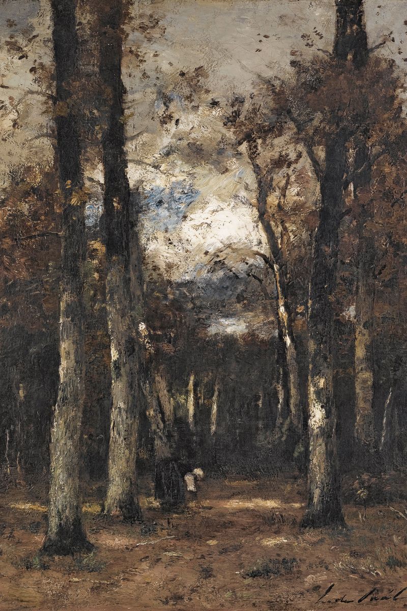 A dark forest path flanked by tall trees leads toward a bright misty clearing, with two small figures standing in the middle