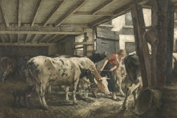 A farmhand leads cattle through the interior of a wooden barn filled with hay, with daylight visible through the back opening